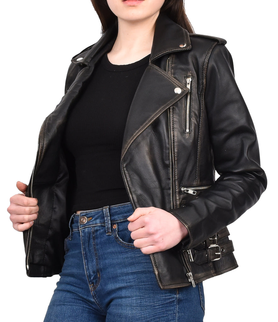 DR195 Women’s Trendy Biker Leather Jacket Rub off 12