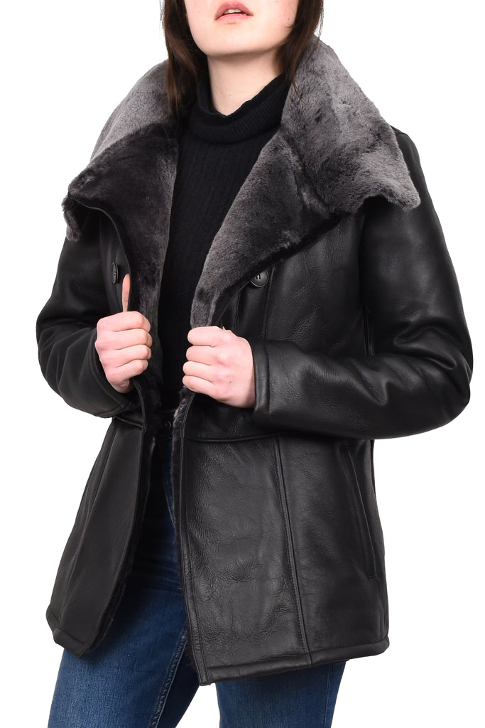 DR596 Women's Soft Sheepskin Double Breasted Fur Collar Coat Black 9