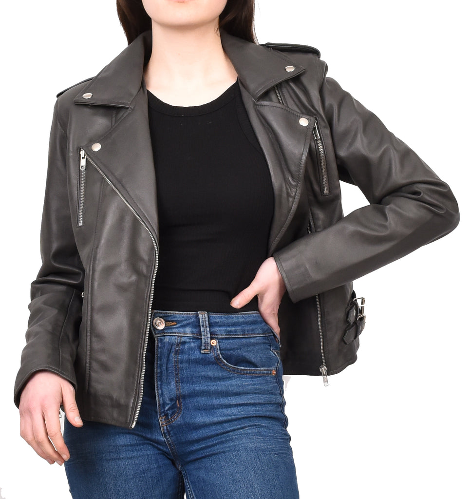 DR195 Women’s Trendy Biker Leather Jacket Grey 12