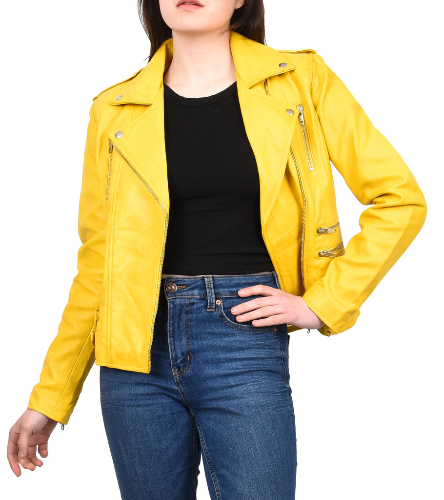 DR195 Women’s Trendy Biker Leather Jacket Yellow Vintage 11