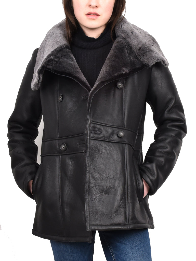 DR596 Women's Soft Sheepskin Double Breasted Fur Collar Coat Black 10