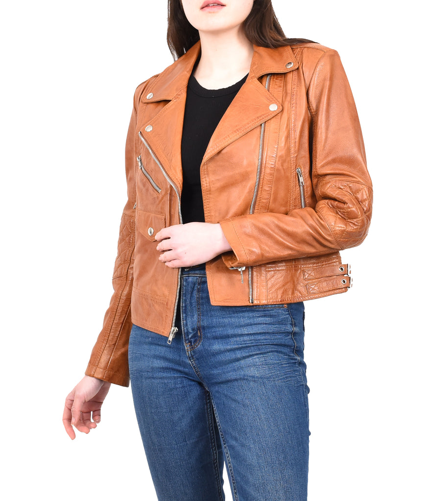 DR207 Women's Real Leather Biker Cross Zip Jacket Tan 16