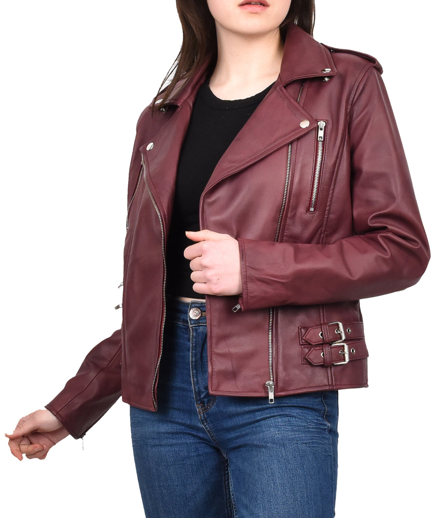 DR195 Women’s Trendy Biker Leather Jacket Burgundy 13