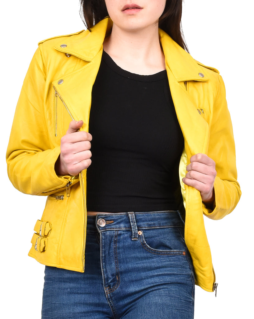 DR195 Women’s Trendy Biker Leather Jacket Yellow Vintage 12