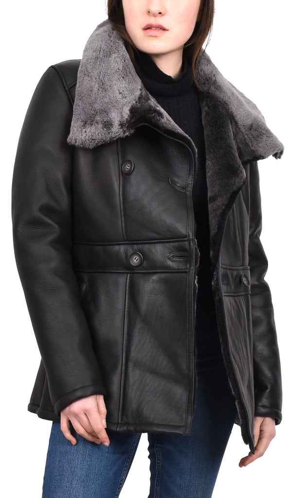 DR596 Women's Soft Sheepskin Double Breasted Fur Collar Coat Black 11