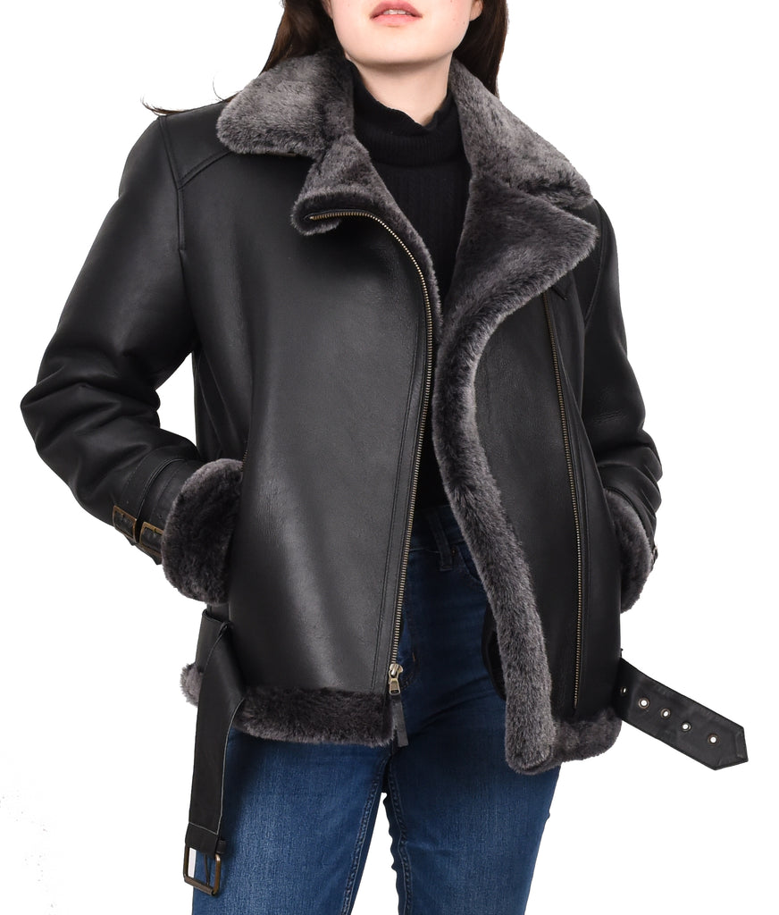 DR251 Women's Sheepskin Italian Classic Look Leather Jacket Black 11