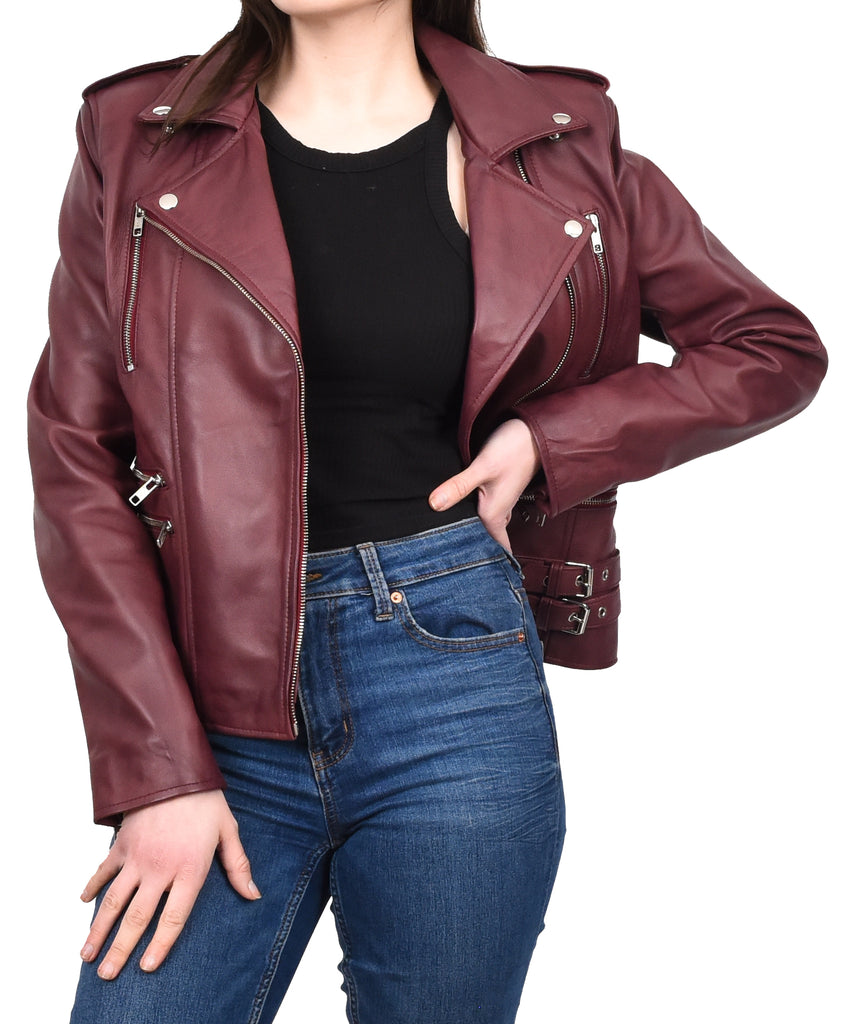 DR195 Women’s Trendy Biker Leather Jacket Burgundy 12