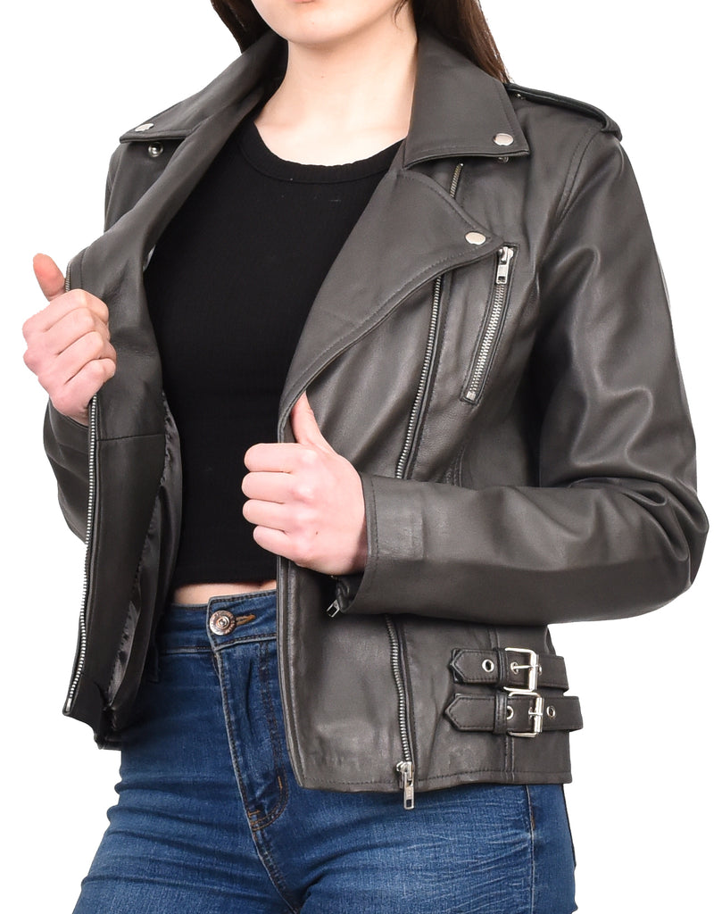 DR195 Women’s Trendy Biker Leather Jacket Grey 11