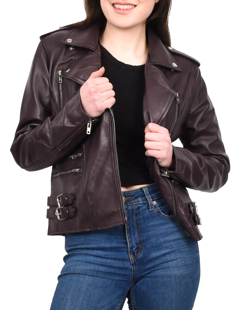 DR195 Women’s Trendy Biker Leather Jacket Brown 13
