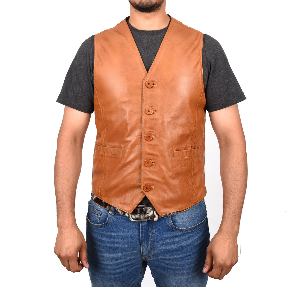 DR135 Men's Classic Waistcoat Leather Tan 1