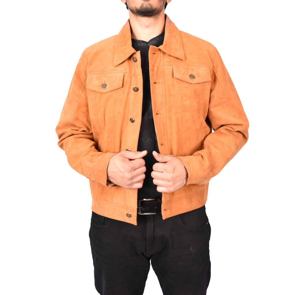 Men's Genuine Suede Buttoned Leather Jacket Trucker Style Tan Rorik-1