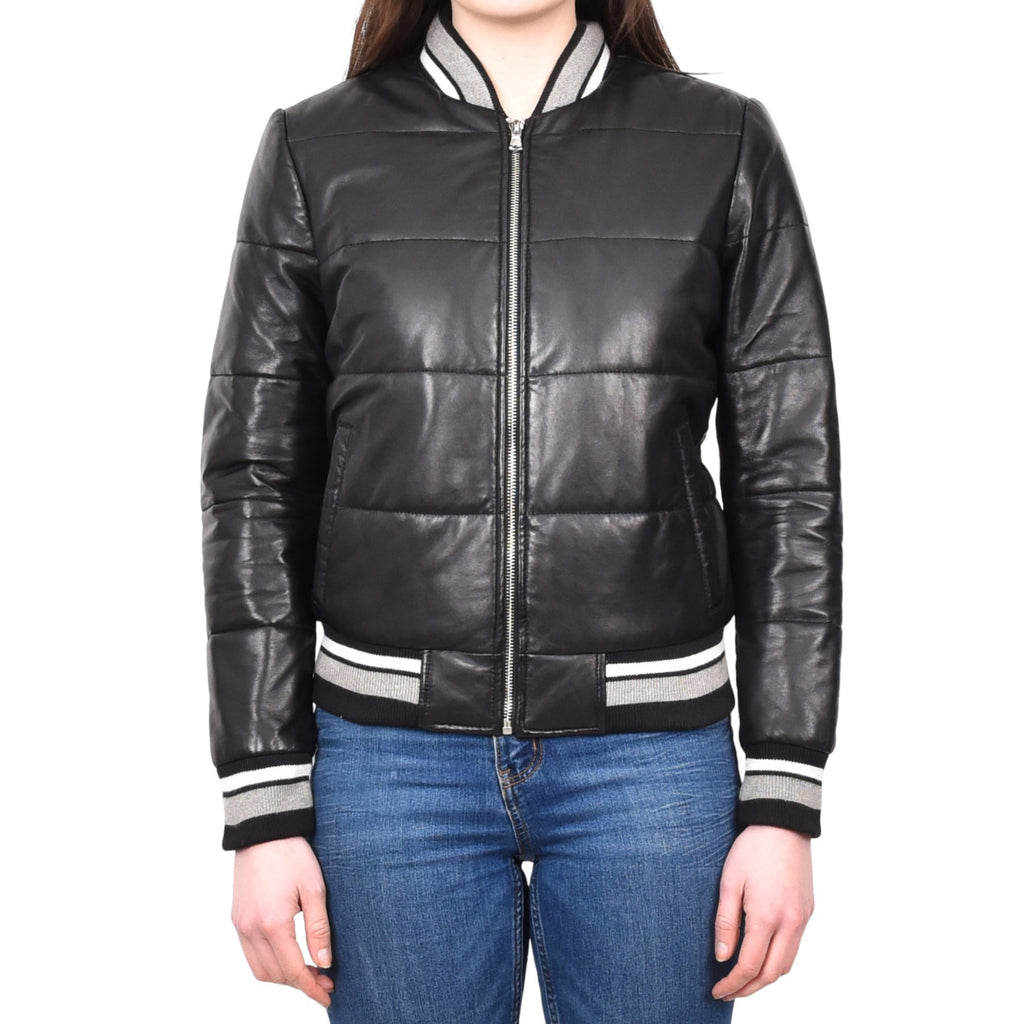 DR675 Ladies Genuine Leather Puffer Jacket Black 1