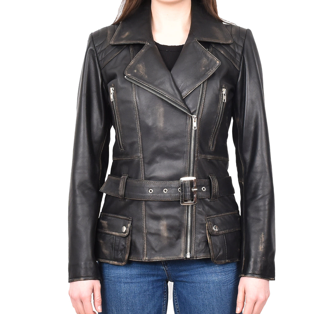 DR205 Women’s Slim Fit Cut Hip Length Biker Leather Jacket Rub off 1