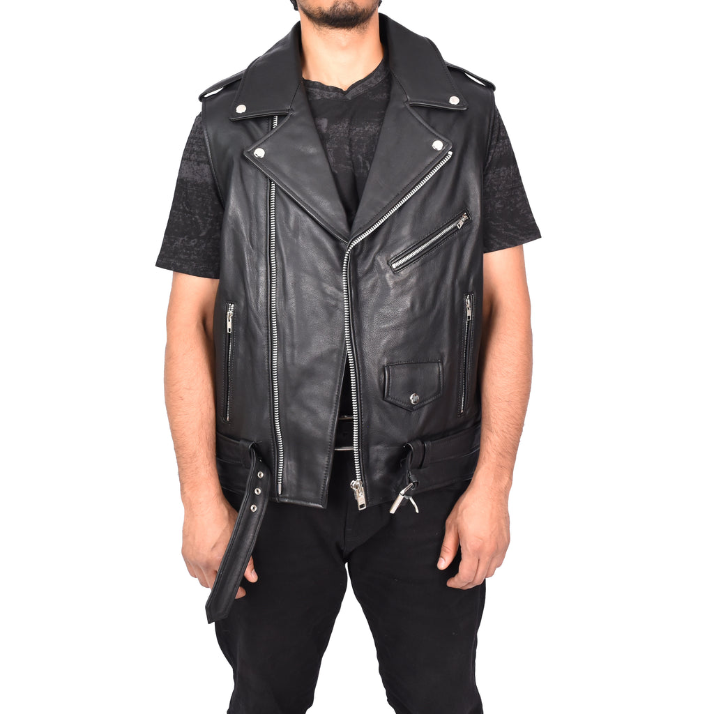 Men's Biker Style Real Leather Waistcoat Black Arkin-1