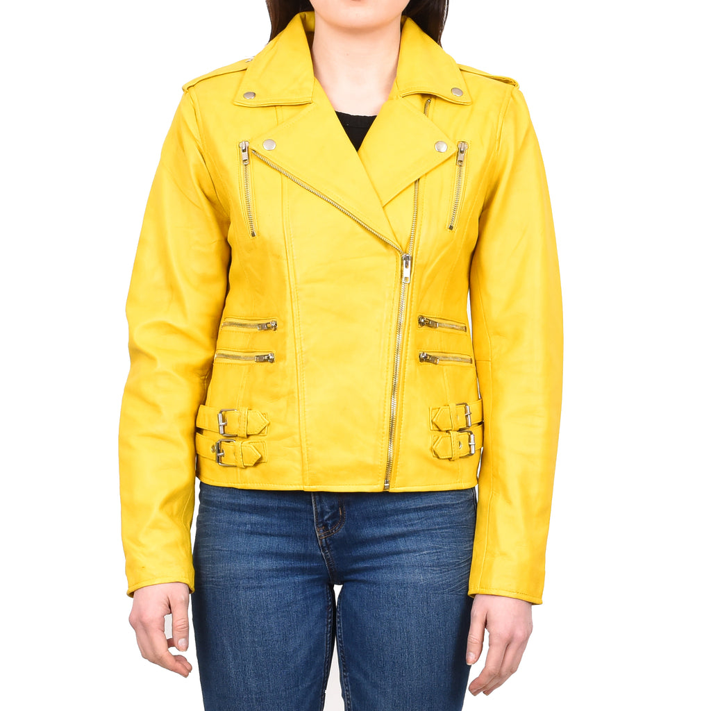 DR195 Women’s Trendy Biker Leather Jacket Yellow Vintage 1