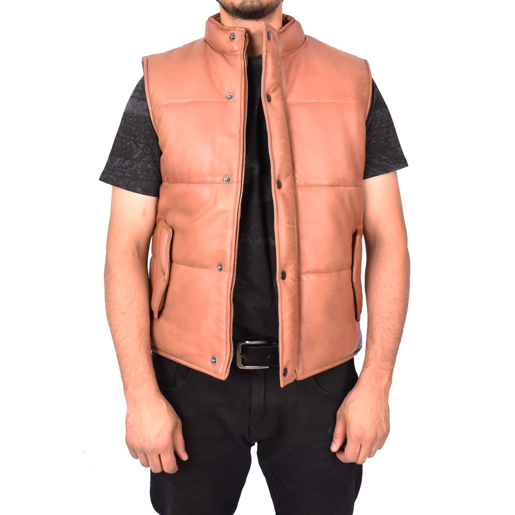 Men's Real Leather Puffer Waistcoat Body Warmer Tan Haakon-1