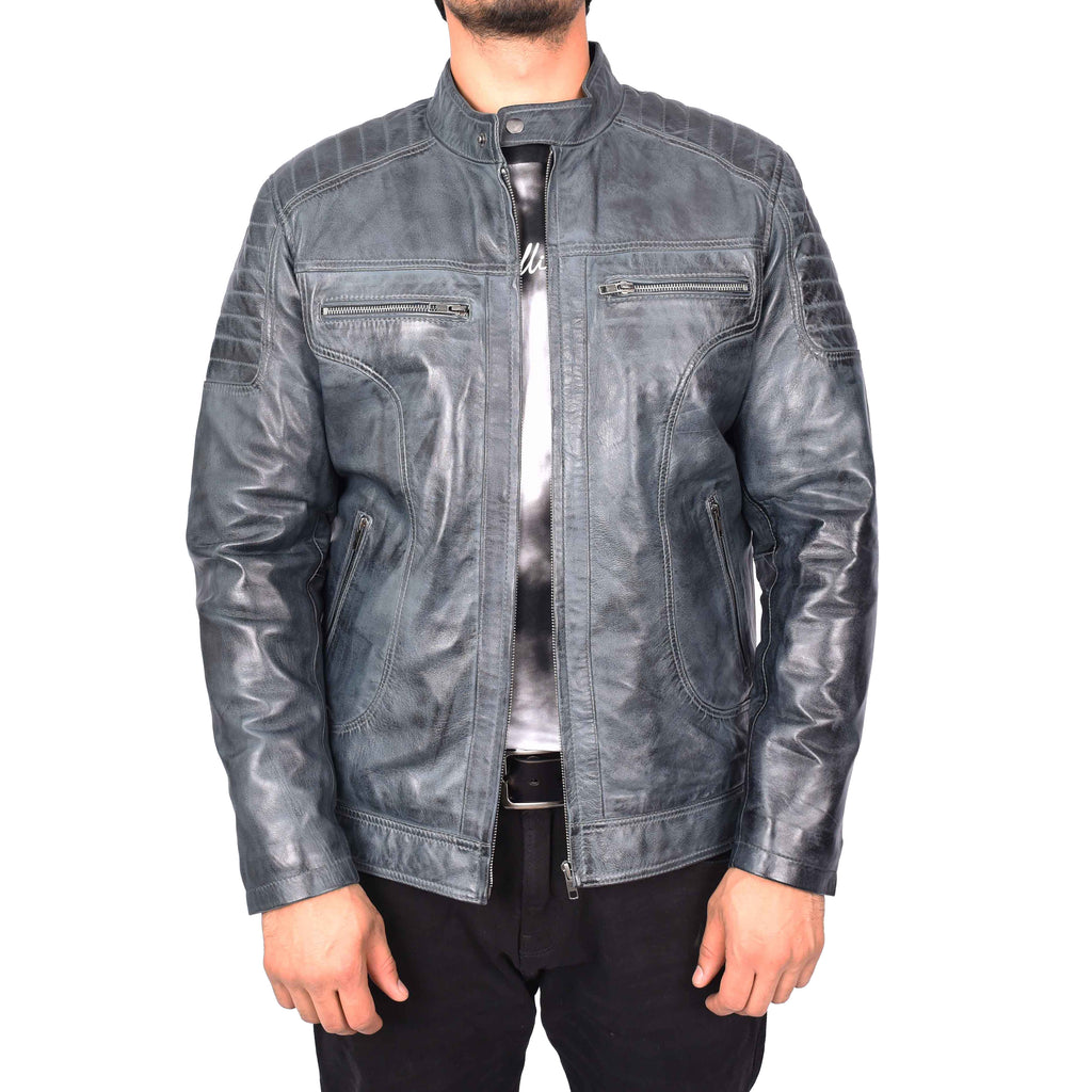 Men's Genuine Leather Biker Style Zip Jacket Grey Anton-1