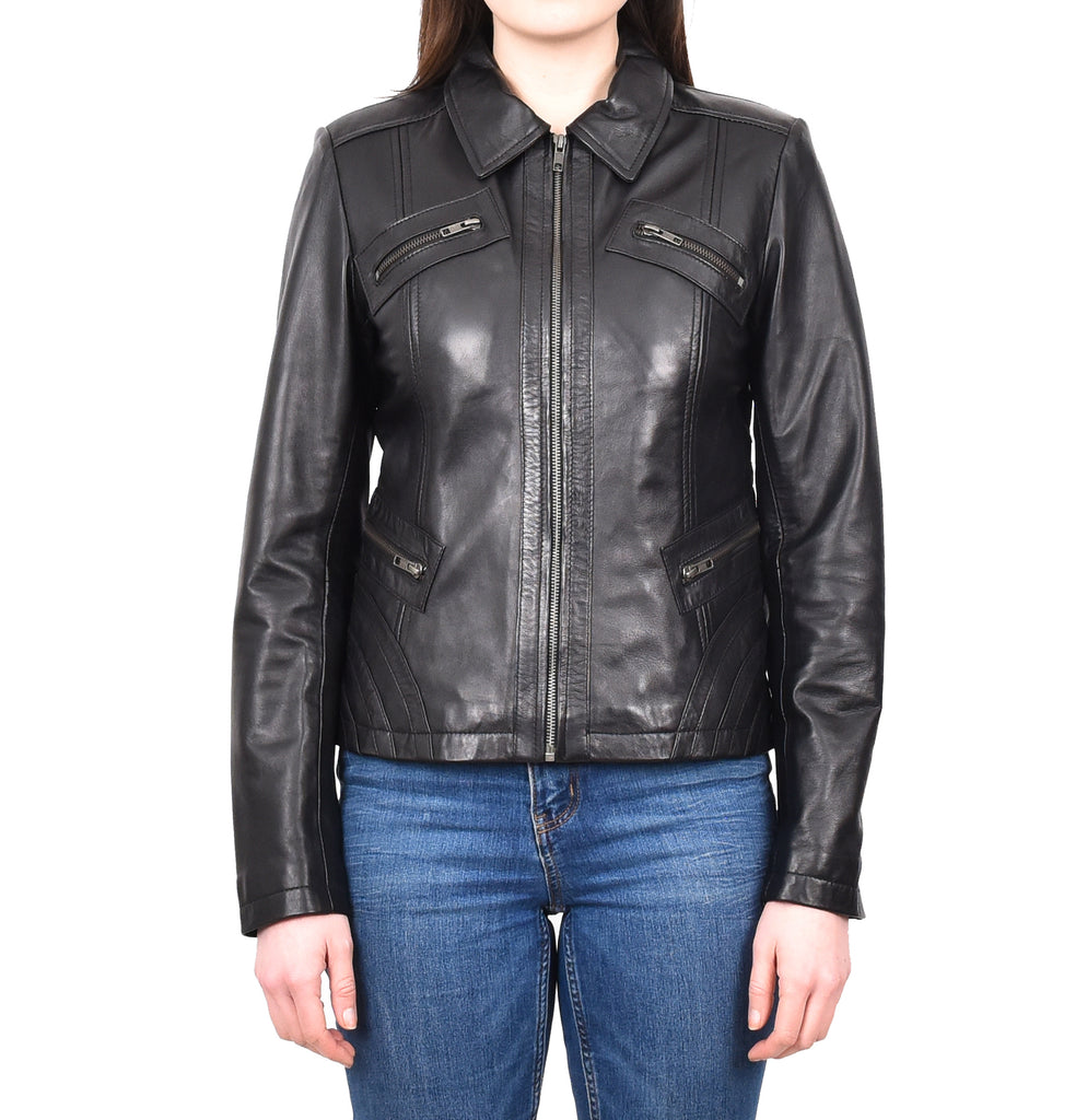 DR223 Women's Classic Leather Biker Zip Box Jacket Black 1