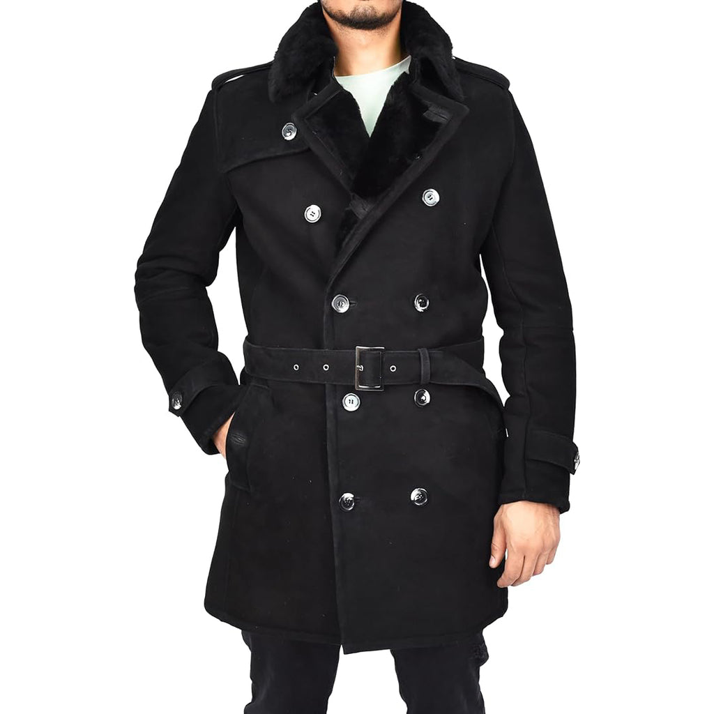 Mens Genuine Shearling Sheepskin Suede Pea Coat Classy ¾ Long Phillip-1