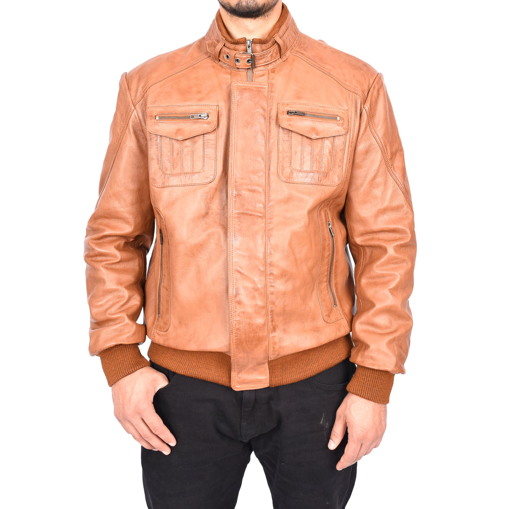 Men's Bomber Style Real Leather Jacket Tan Boden-1