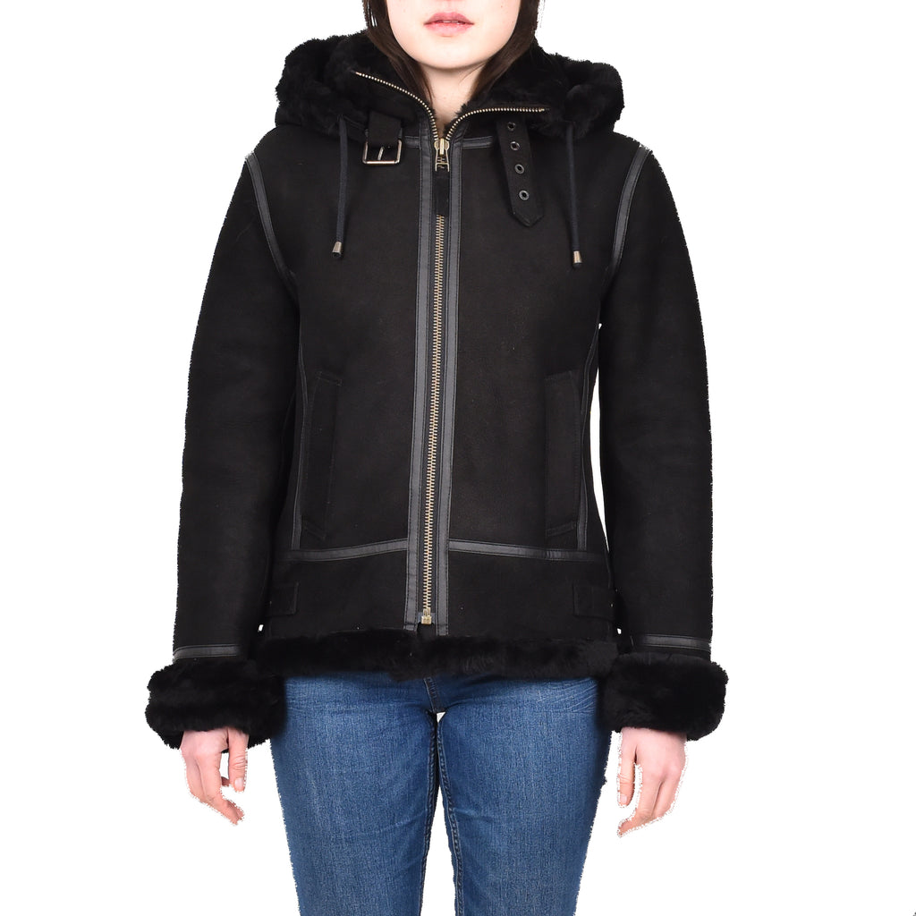 DR248 Women's Real Sheepskin Winter Warm Jacket Black 1