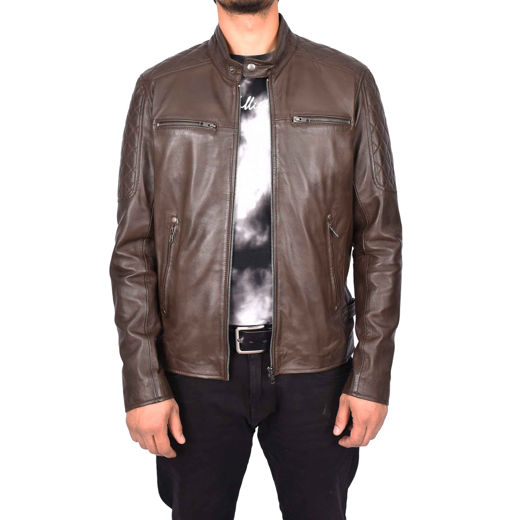 Men's Classic Quilted Biker Real Leather Jacket Brown Igor-1