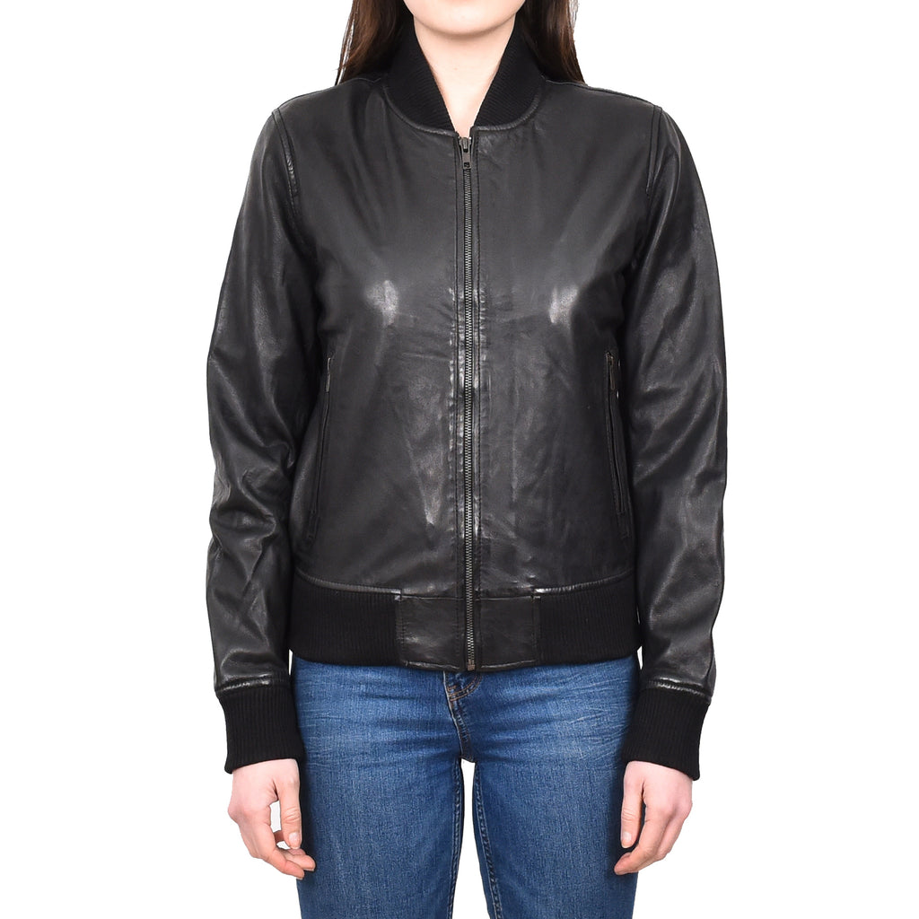 Ladies Genuine Leather Bomber Slim Fit Blouson Varsity Jacket Black Ulrika 1