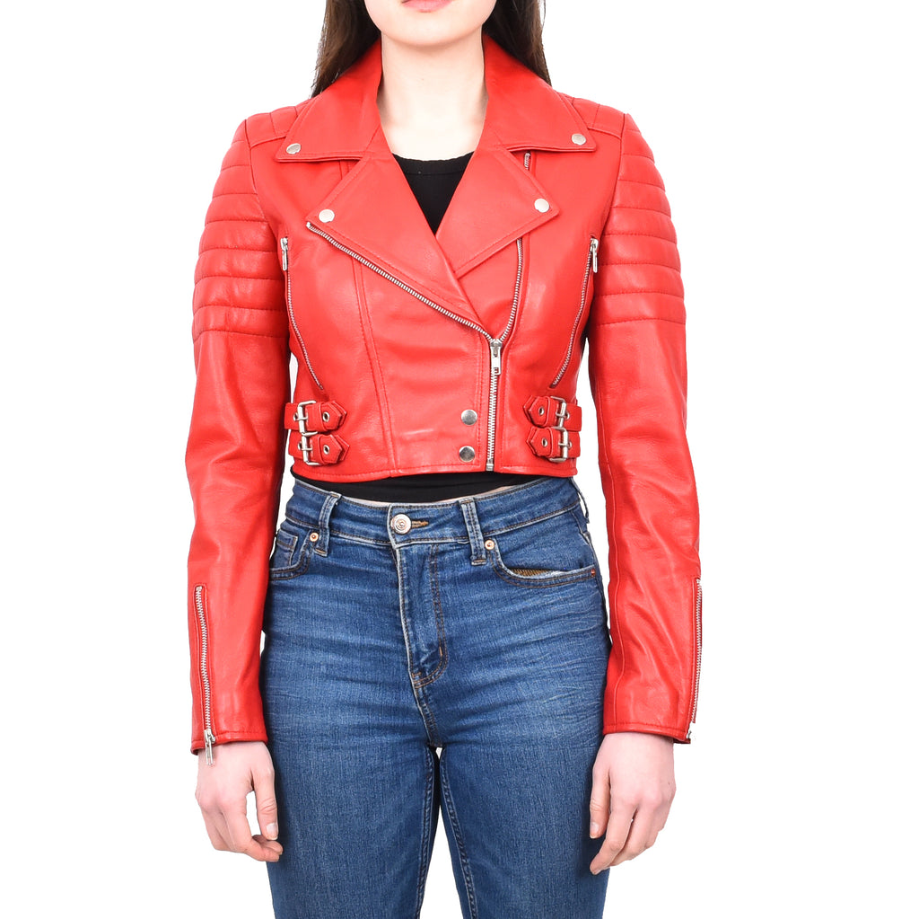 DR197 Women's Short Leather Stylish Biker Jacket Red 1