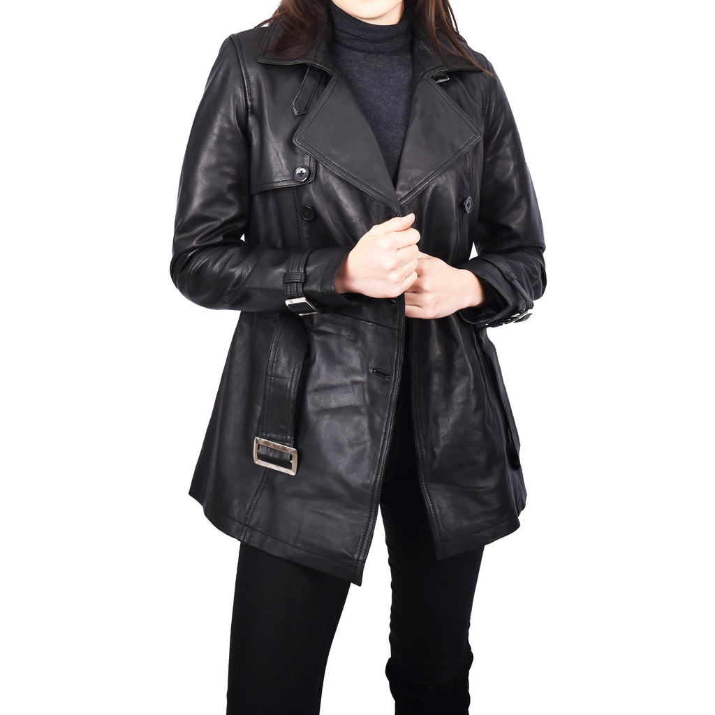 Women's Real Leather Buttoned Coat With Belt Black GlamTrench 5