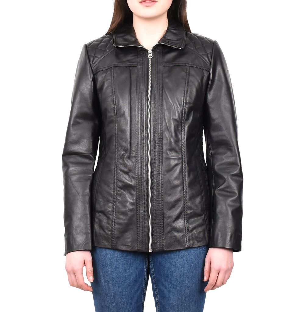 DR564 Women's Genuine Leather Jacket Zip Quilted Black 1
