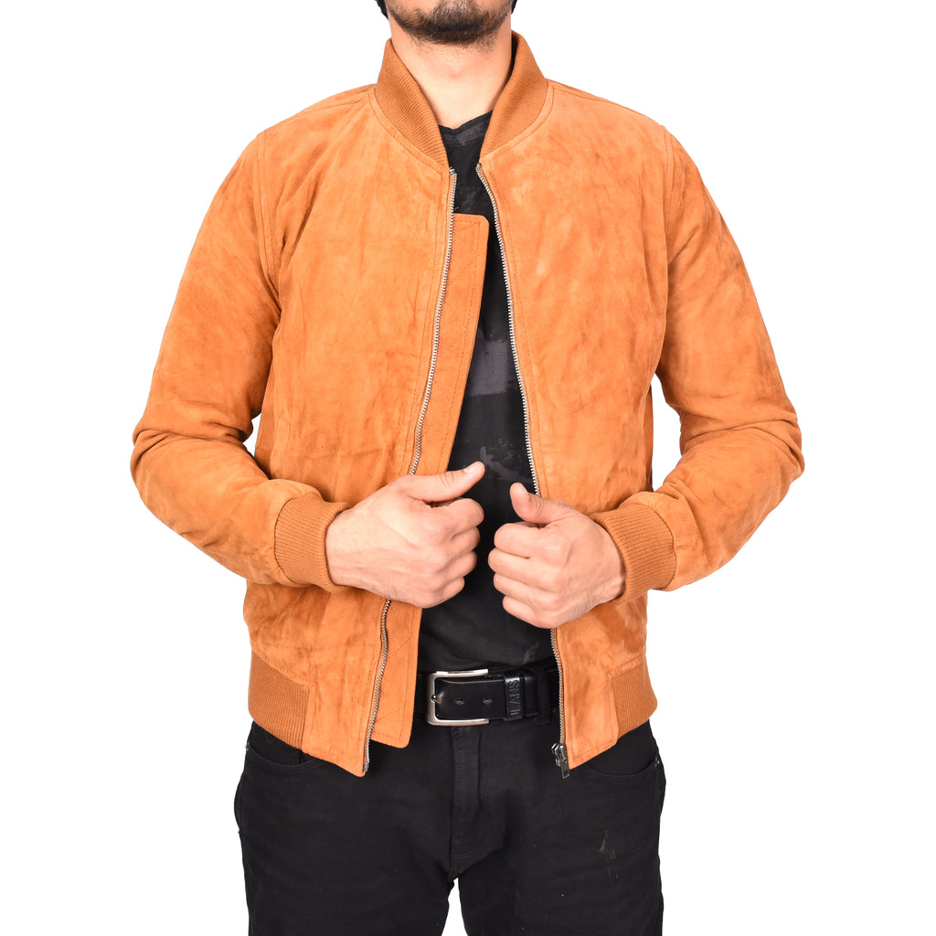 Men's Genuine Suede Leather Bomber Varsity Style Jacket Tan Raul-1