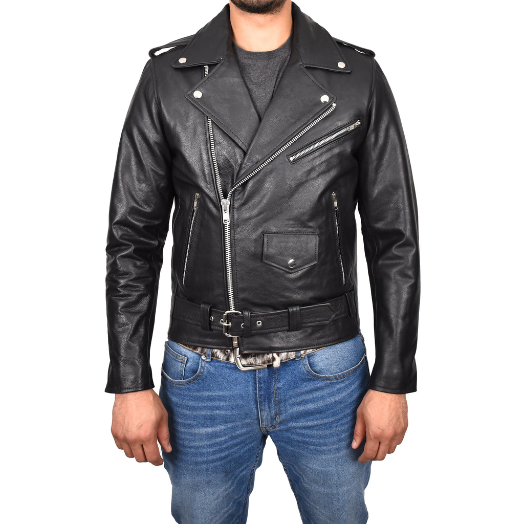 DR159 Men's New Mild Leather Biker Jacket Black 1