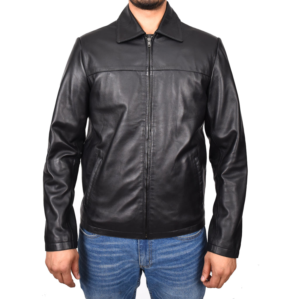 DR104 Men's Classic Zip Box Leather Jacket Black 1
