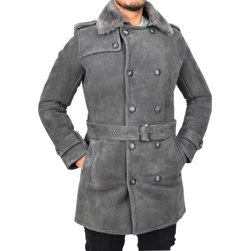 Mens Genuine Shearling Sheepskin Suede Pea Coat Classy ¾ Long Phillip Grey-1