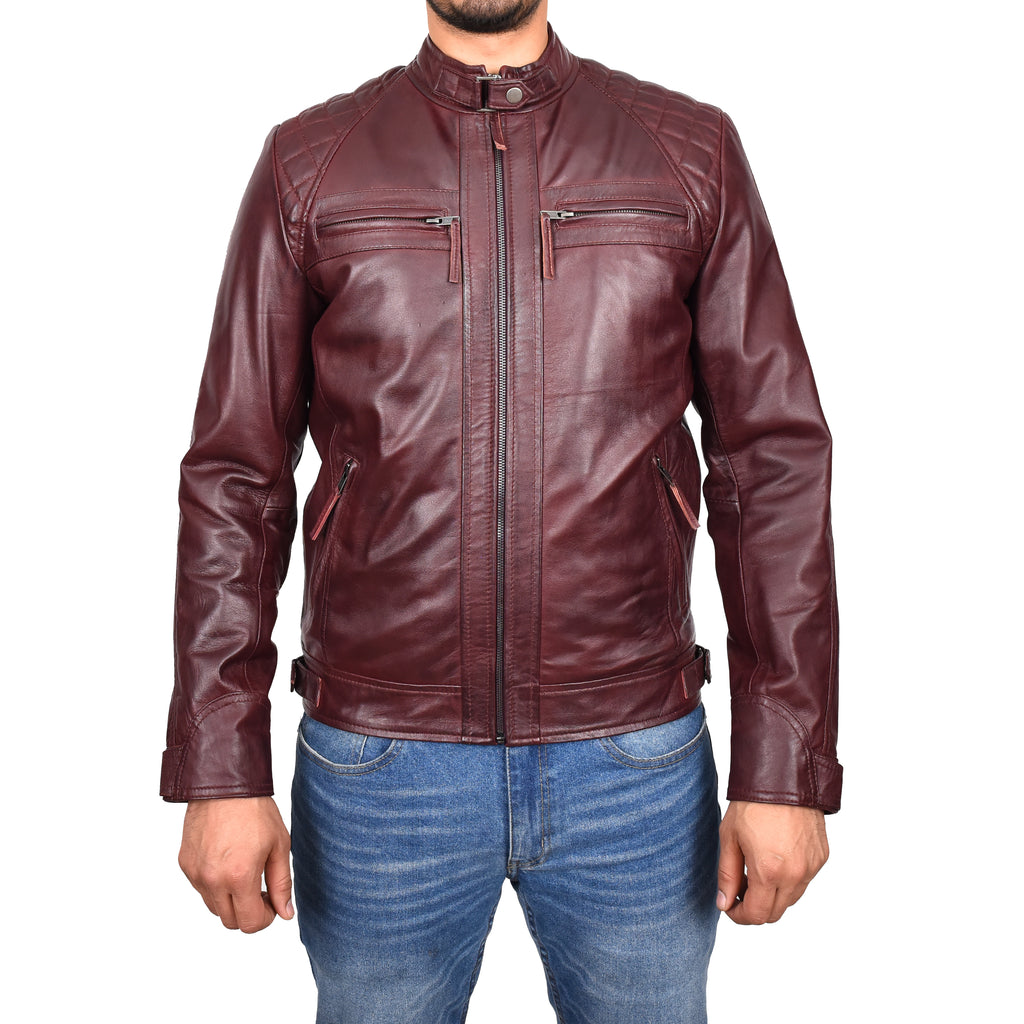 DR117 Men's Biker Leather Jacket Burgundy 1