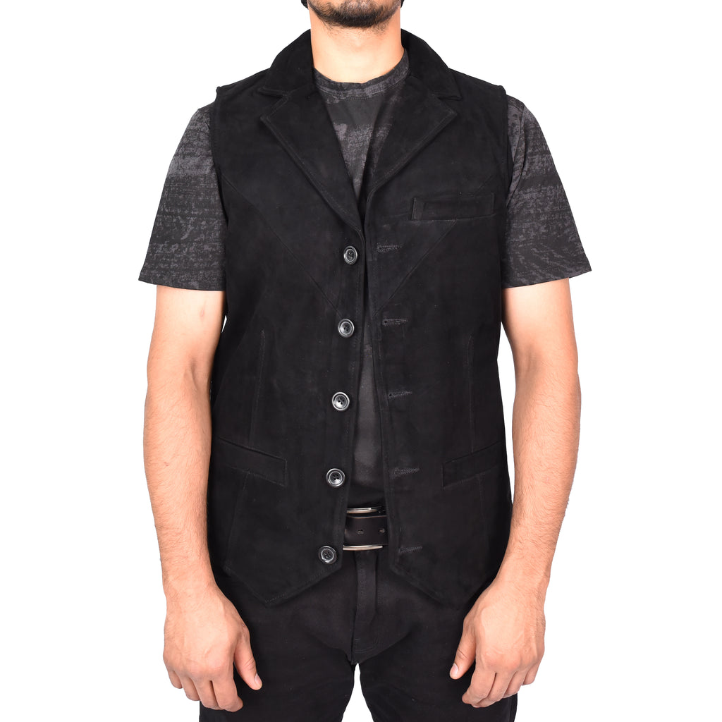 Men's Blazer Style Suede Leather Waistcoat Gents Vests Black Howie-1