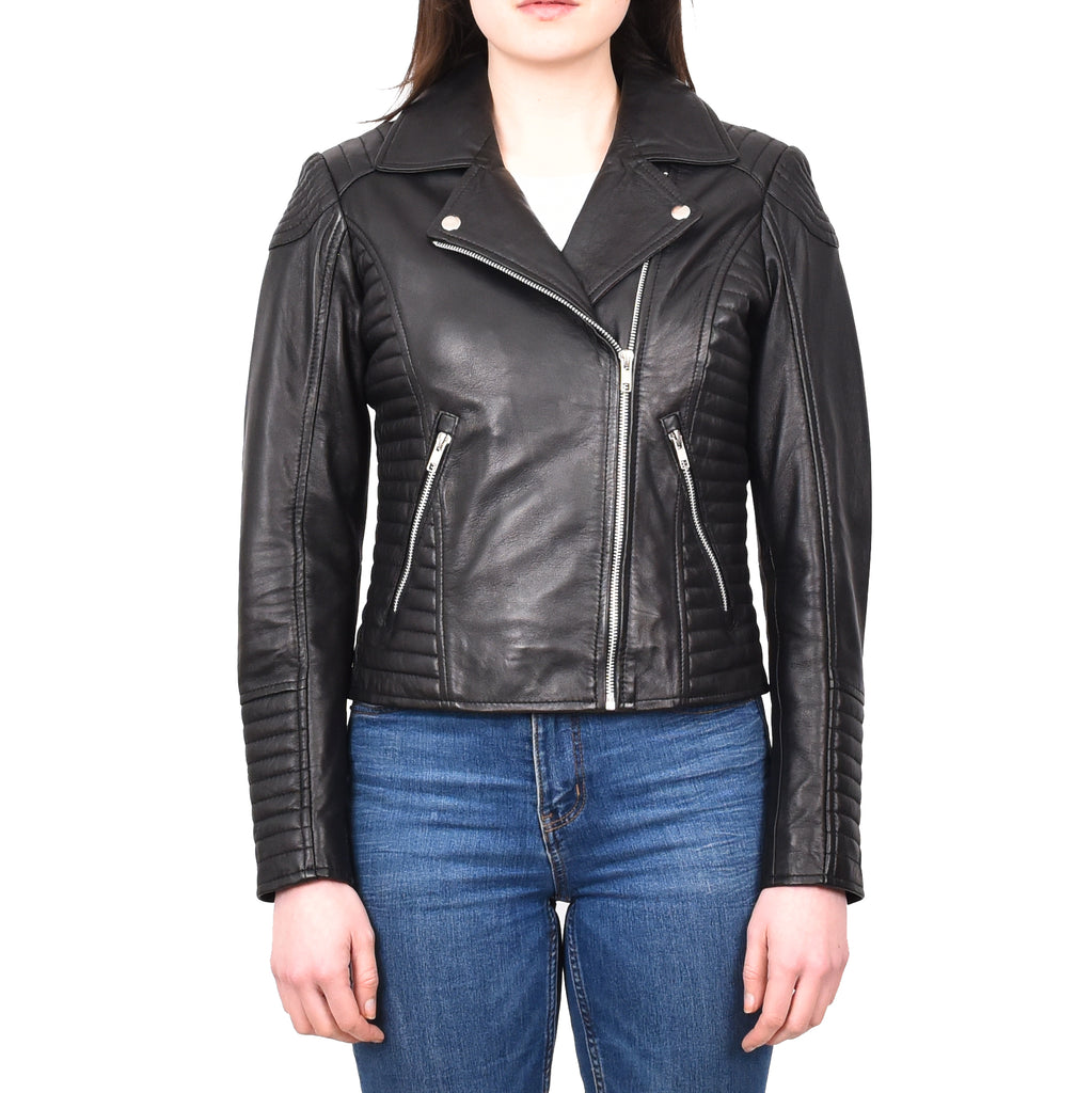 DR206 Women's Soft Leather Cross Zip Biker Jacket Black 1