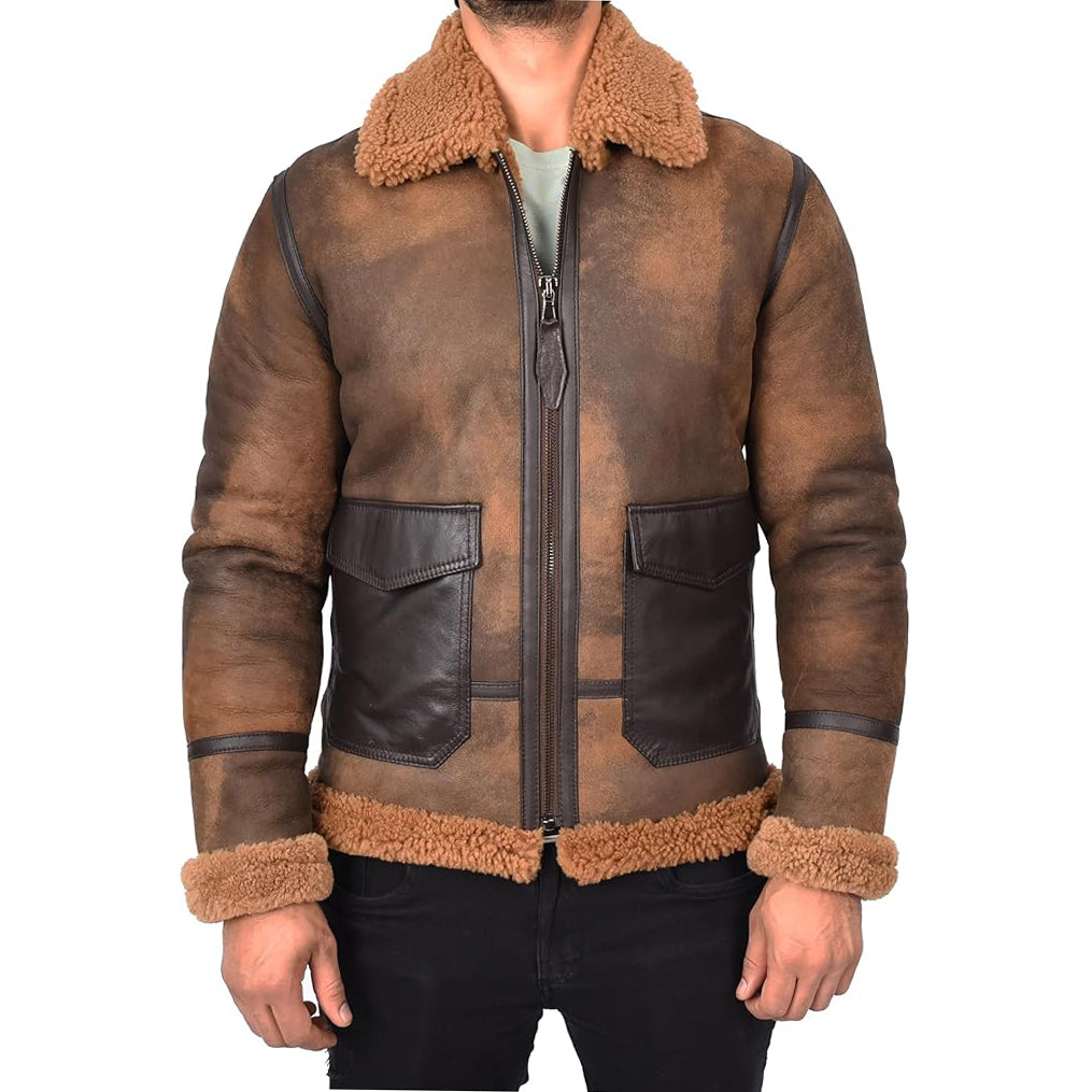 Mens Antique B3 Sheepskin Jacket Flying Aviator Leather Pockets Jeppe Brown-1