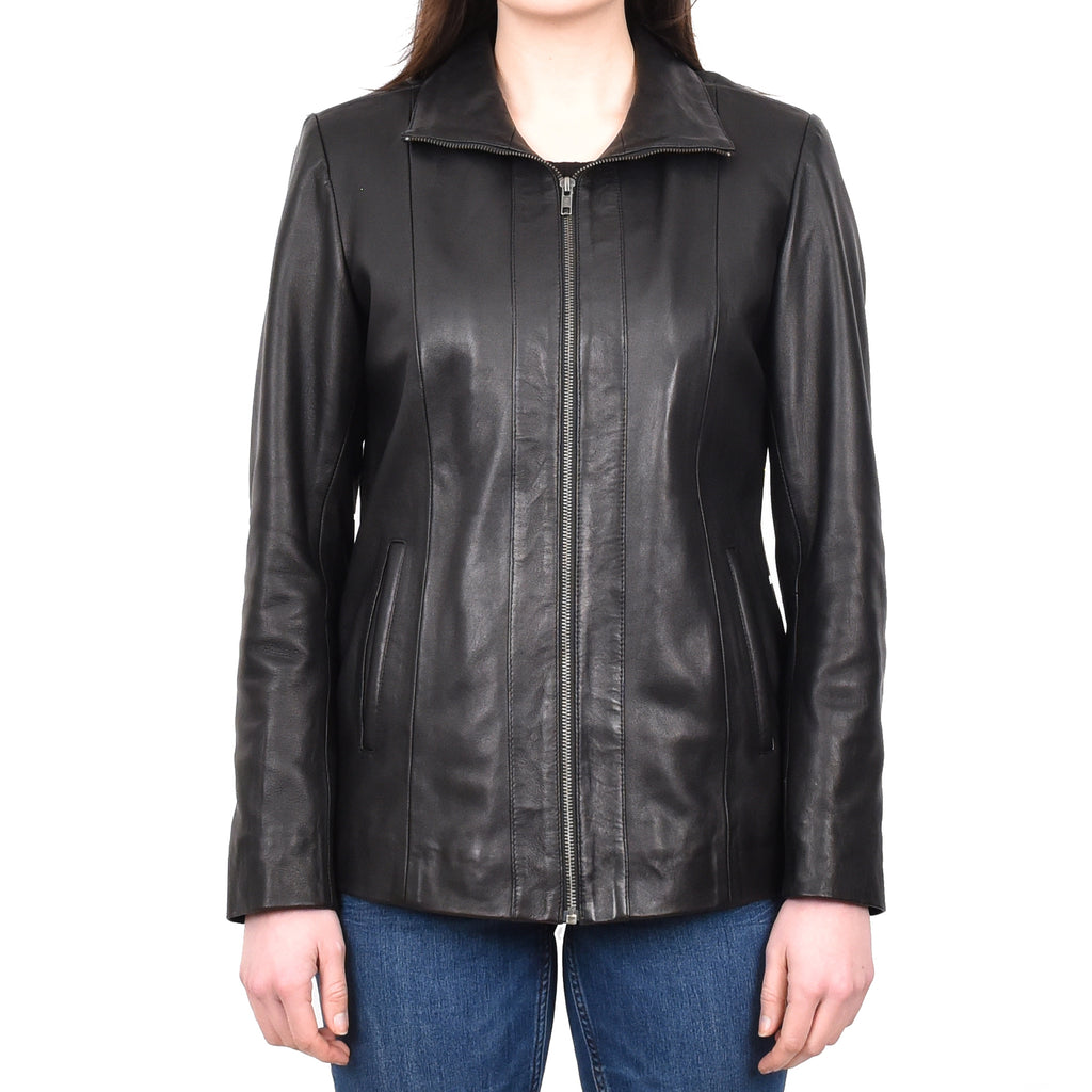 DR202 Women's Casual Semi Fitted Leather Jacket Black 1