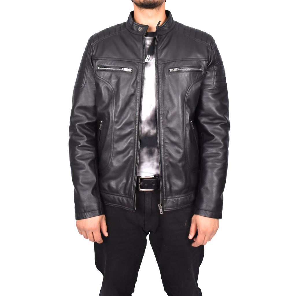 Men's Genuine Leather Biker Style Zip Jacket Black Anton-1