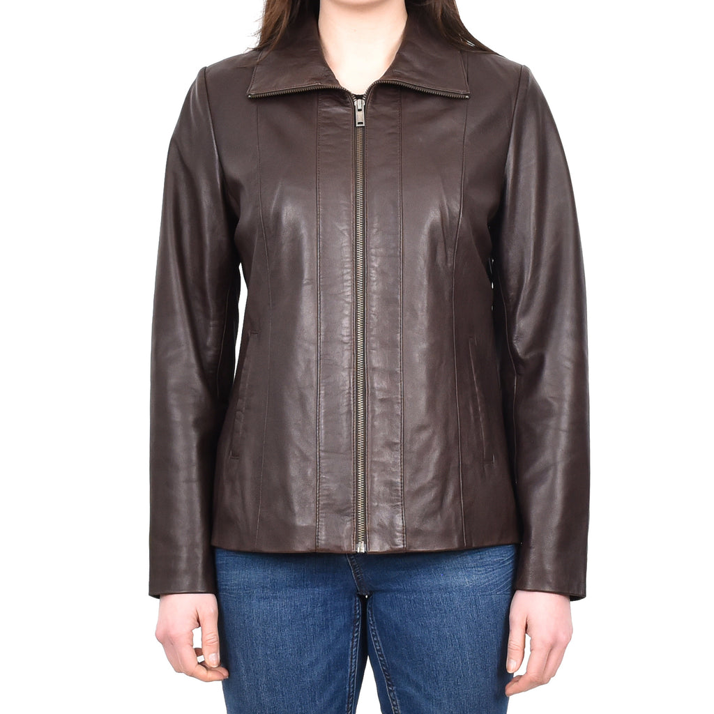 DR202 Women's Casual Semi Fitted Leather Jacket Brown 1