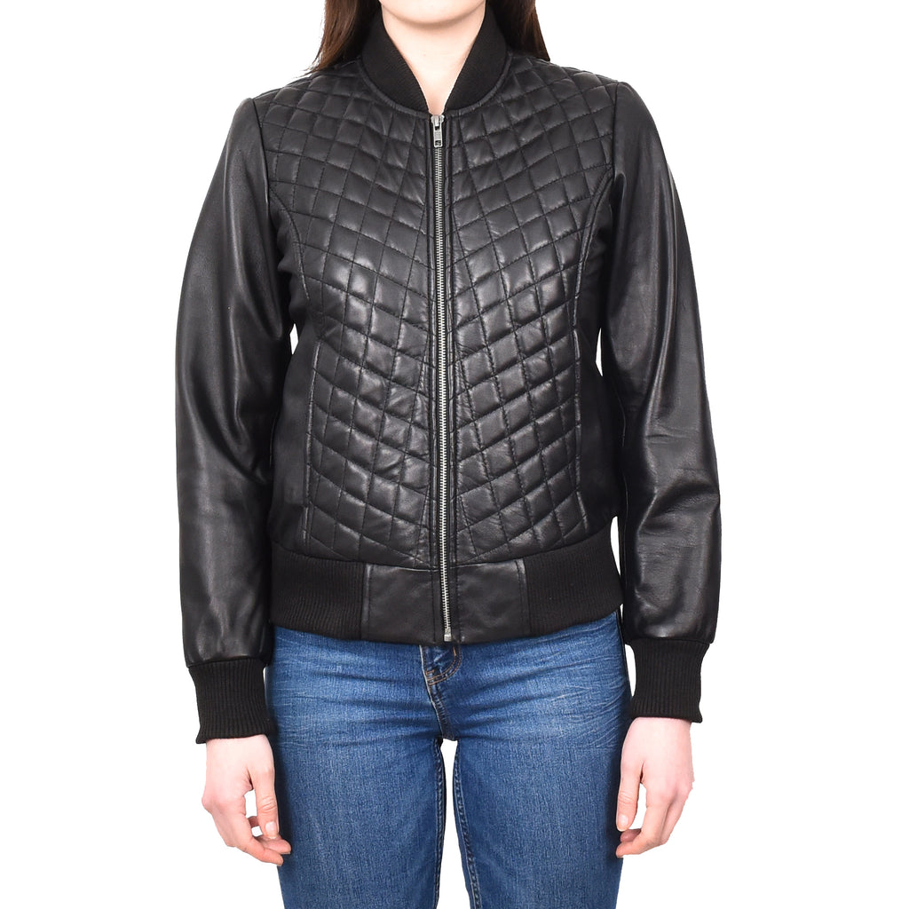 DR211 Women's Quilted Retro 70s 80s Bomber Jacket Black 1