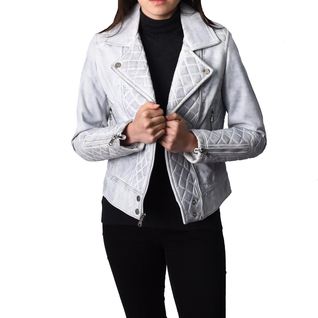 Women's Real Leather Biker Jacket with Quilt Detail White Motoquilt 1