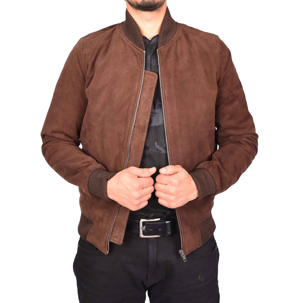 Men's Genuine Suede Leather Bomber Varsity Style Jacket Brown Raul-1