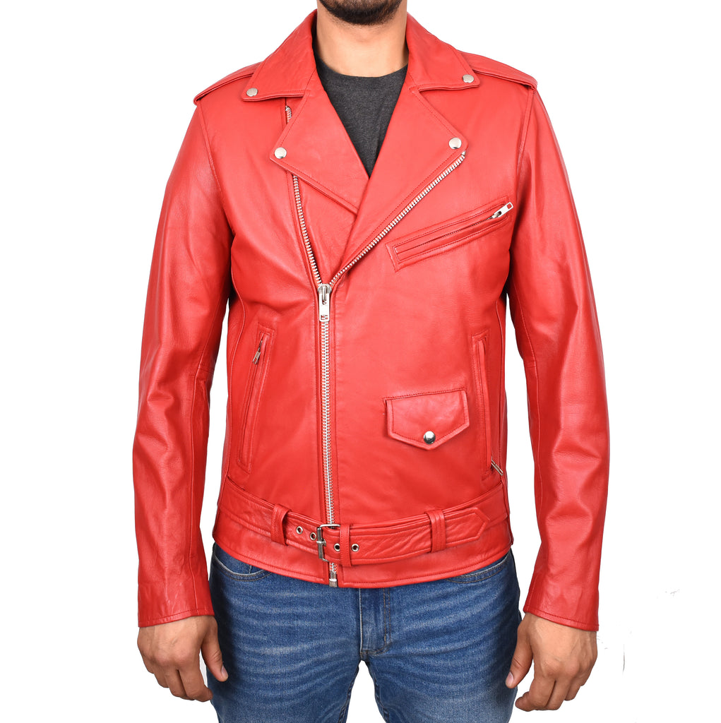 DR100 Men's Biker Real Leather Jacket Red 1