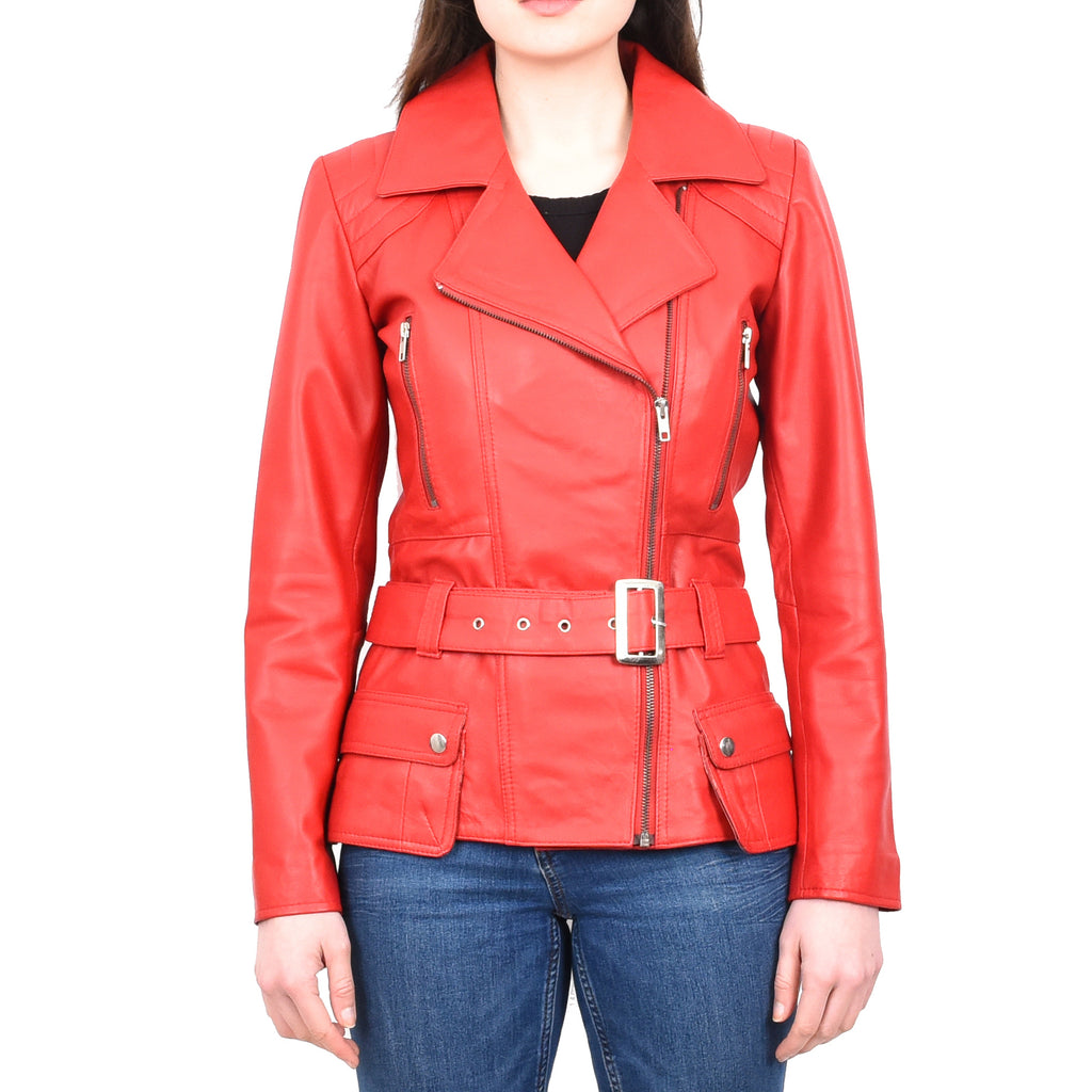 DR205 Women’s Slim Fit Cut Hip Length Biker Leather Jacket Red 1