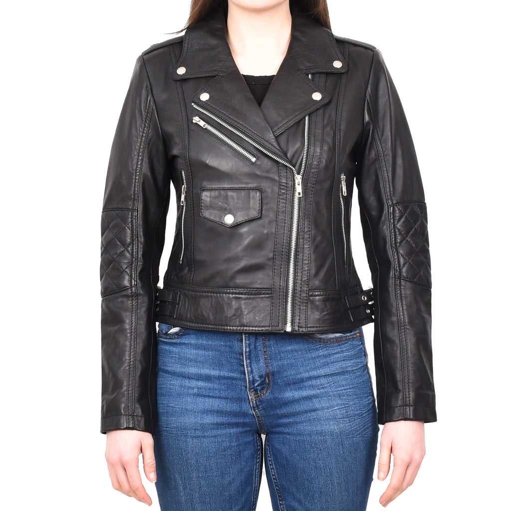 DR207 Women's Real Leather Biker Cross Zip Jacket Black 1