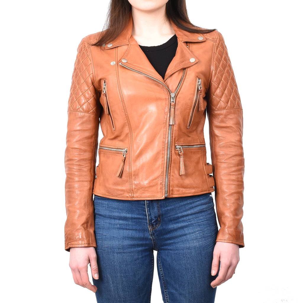 DR246 Women's Real Leather X-Zip Biker Style Jacket Cognac 1