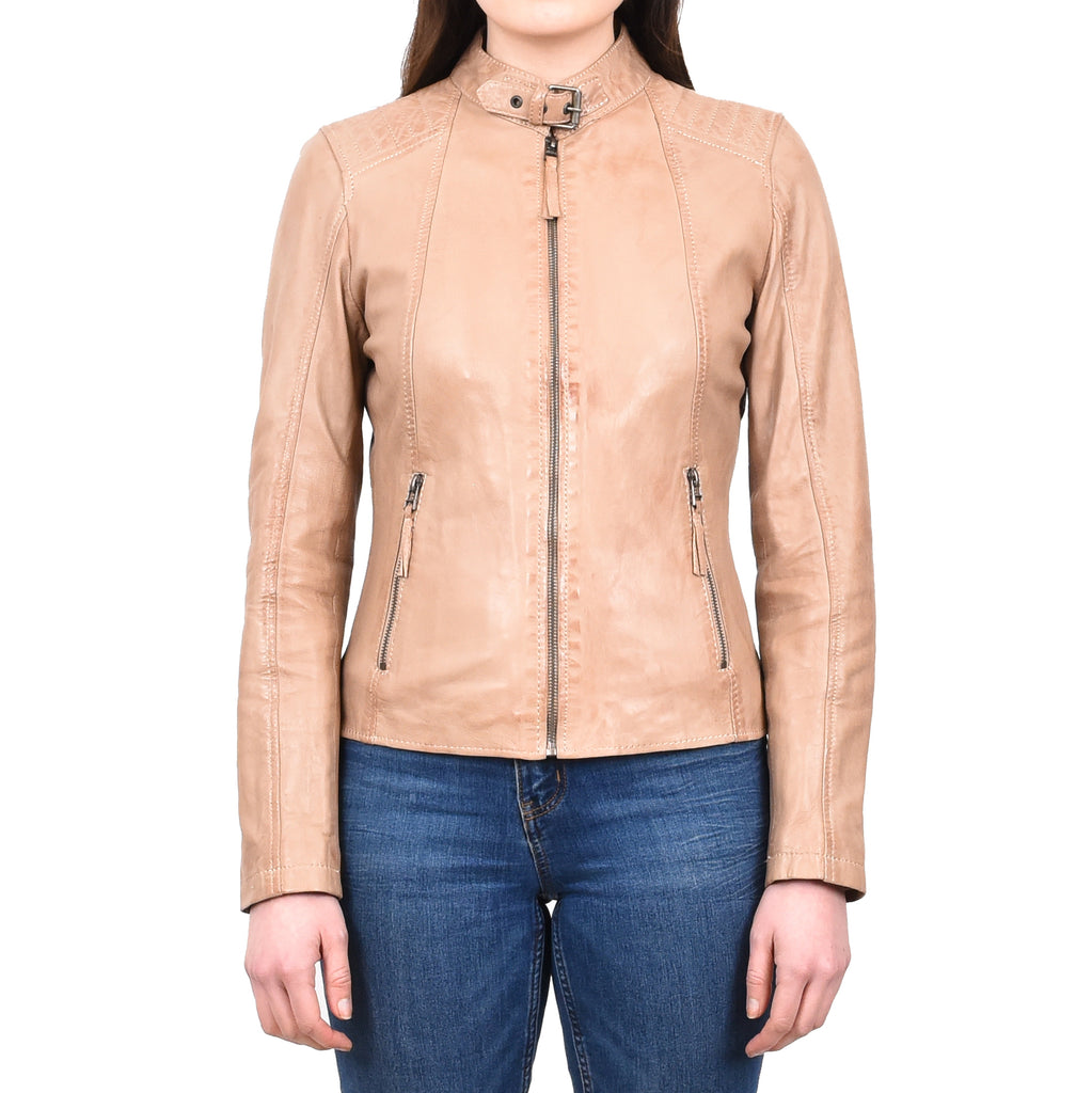 DR263 Women's Real Leather Classic Biker Jacket Beige 1