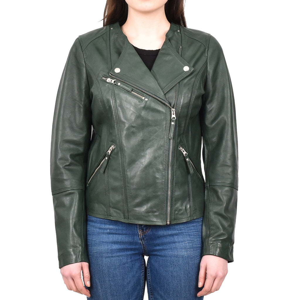 DR572 Women's Casual Cross Zip Leather Jacket Green 1